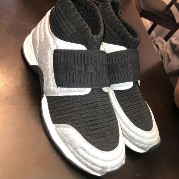 Chanel Speed High Top Stretch Knit Black Silver - Picture 1 of 5